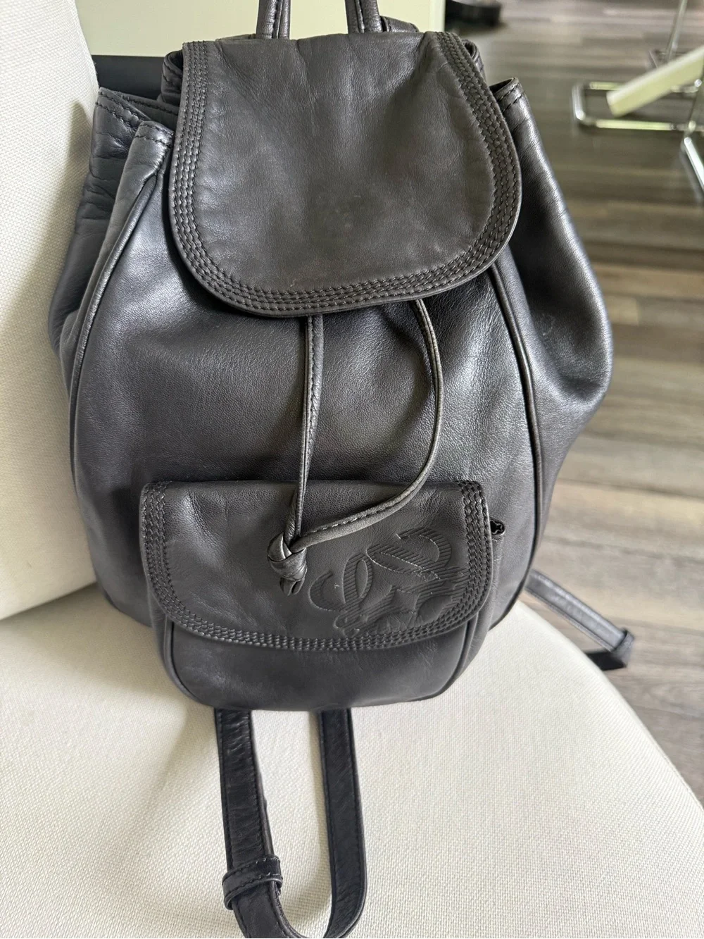 Loewe Vintage Black Nappa Leather Anagram Drawstring Backpack Made in Spain